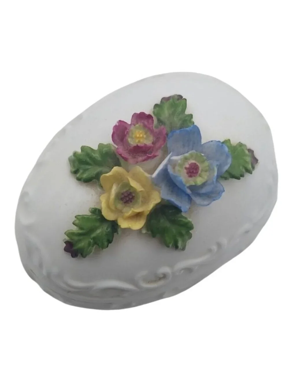 Vintage Towle Fine Bone China Egg Shaped Trinket Dish With Capodimonte Flowers